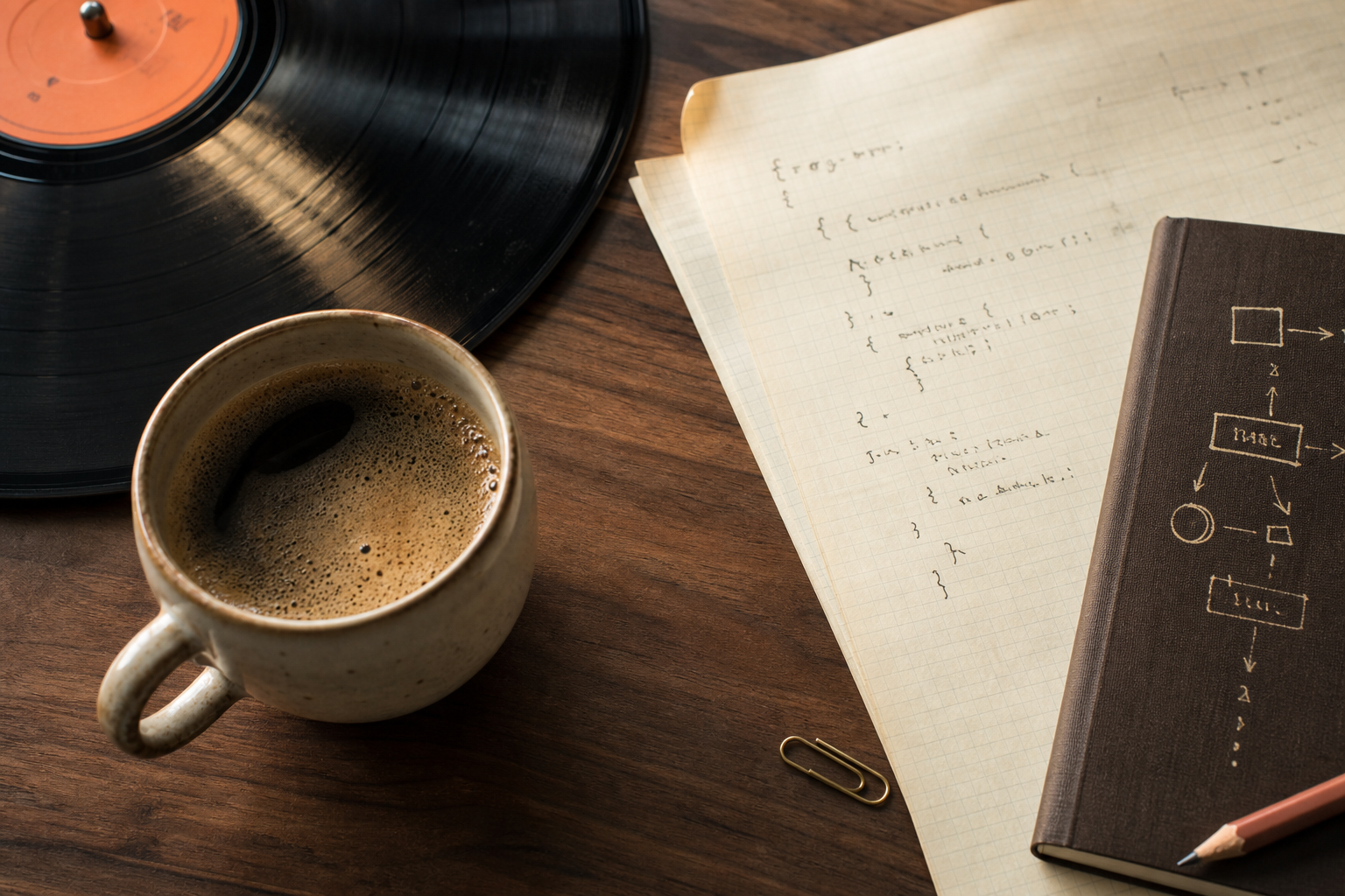 A vinyl record, espresso, handwritten workflow notes and a notebook on a walnut desk